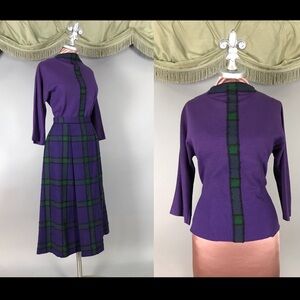 1950s sweater skirt set vintage PURPLE GREEN PLAID sweater and skirt dress set
